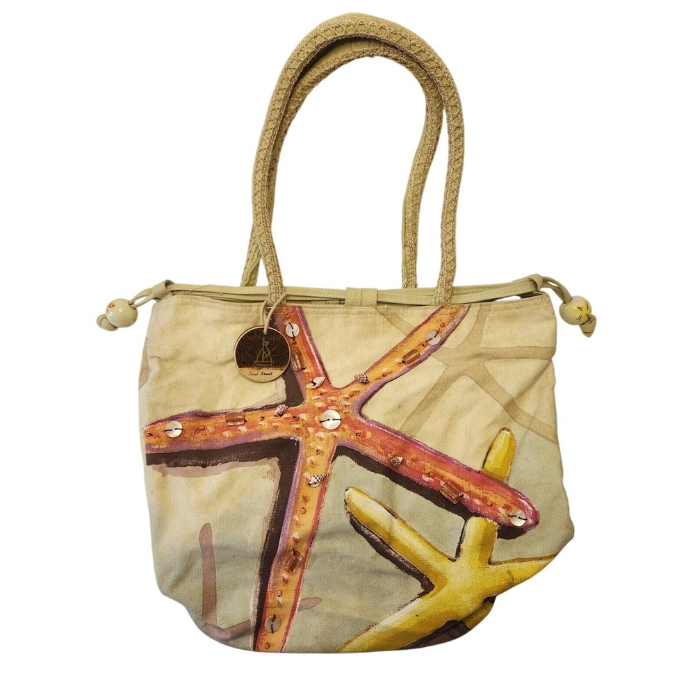 Paul Brent 17" Beach Tote Bag‎ Starfish Seashells & Beaded Drawstring Purse